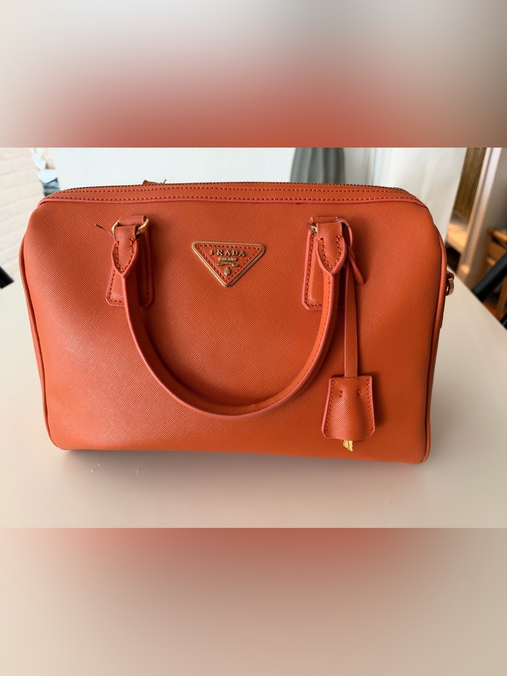 Prada Saffiano Lux Bowler Bag Papaya Orange Leather Top Handle Satchel - Picture 3 of 15